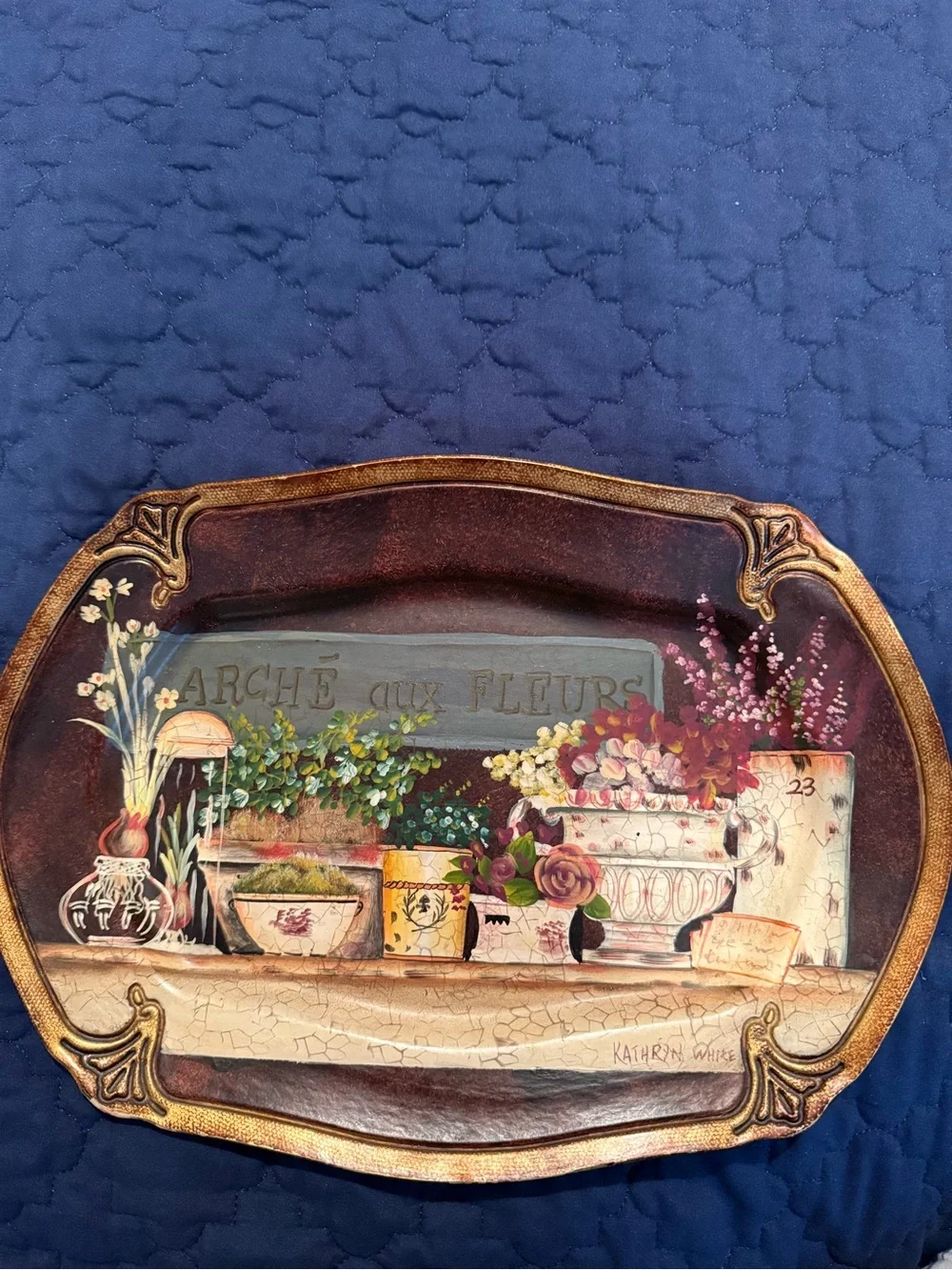 Hand-Painted Floral Wall Tray in Brown and Gold
